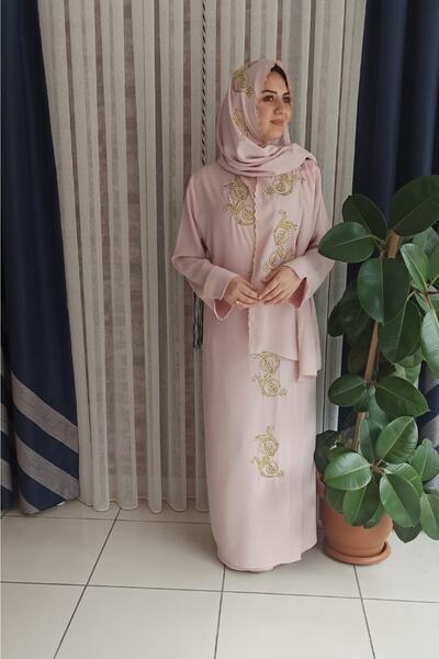 Misue Handmade Medina Silk Κεντητό Δέσιμο Ρόμπα προσευχής+σάλι, Μεταξωτό Peignoir, Προίκα Ρόμπα προσευχής & Peignoir