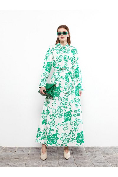 LC Waikiki Shirt Collar Floral Long Sleeve Cotton Women's Dress