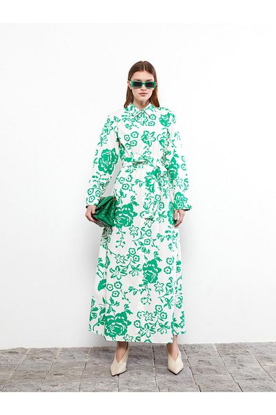 LC Waikiki Shirt Collar Floral Long Sleeve Cotton Women's Dress