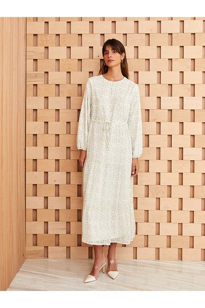 LC Waikiki Gemustertes Chiffon-Damenkleid mit langen Ärmeln und Rundhalsausschnitt