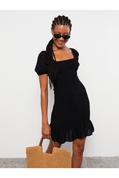 LC Waikiki Dámské viskózové šaty s čtvercovým límcem s jednoduchým krátkým rukávem