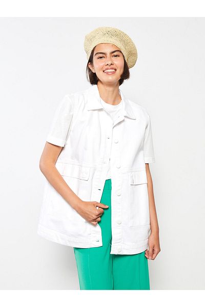 LC Waikiki Gerade geschnittene Jeansweste für Damen mit Hemdkragen