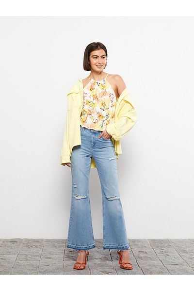 LC Waikiki Gemusterte, ärmellose Damenbluse aus Viskose mit Neckholder