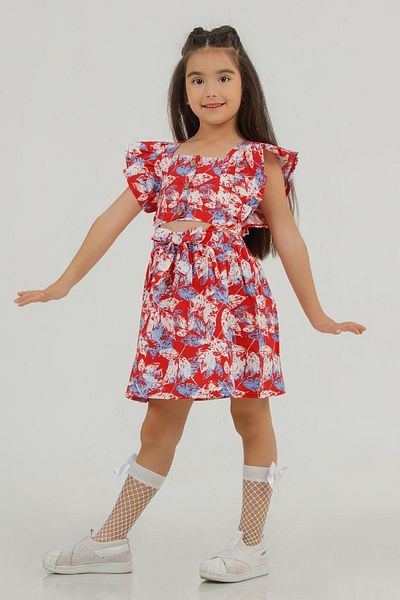 DMB BOYS & GIRLS Butterfly Girl's Dress-Skirted Suit Look, Lightweight, Sleeves Ruffled Pure Cotton Linen Dress