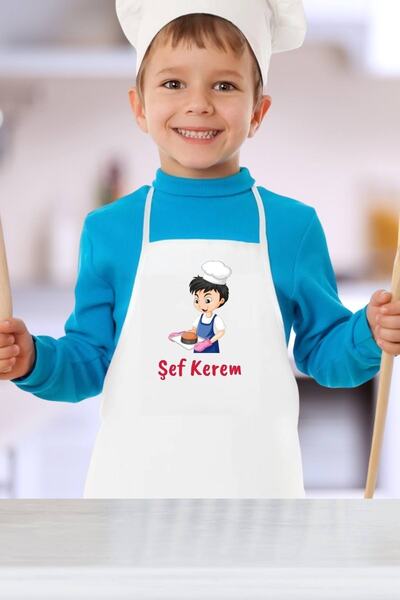 Florence Event Erkek Çocuklara Özel Isim Yazılı Şef Baskılı Beyaz Çocuk Mutfa...