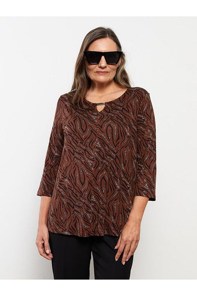 LC Waikiki Gemustertes Damen-T-Shirt mit Rundhalsausschnitt