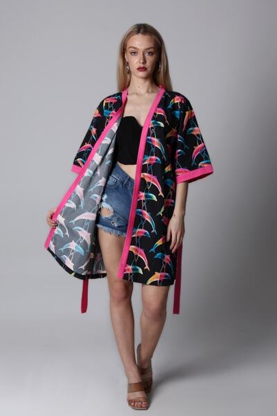 Kadın Kuşaklı Saten Kimono Multicolor Kim02