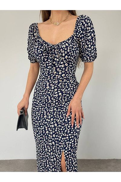 dükkan10butika Rochie de damă, guler inimă, cu modele florale de vară, țesătură, gresie, gresie, bleumarin