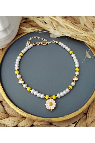 HALHALMILL Yellow and White Daisy Pearl Anklet