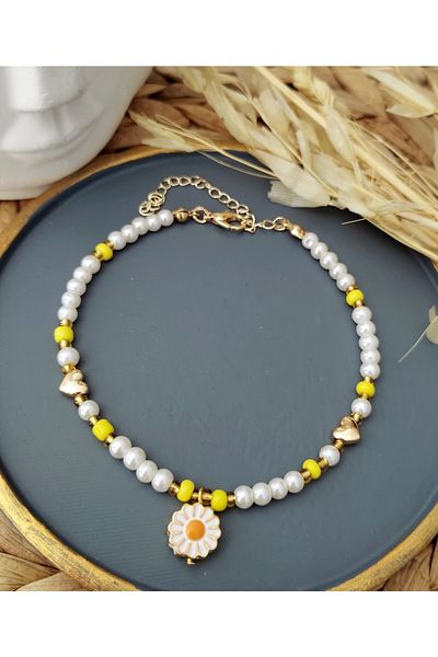 HALHALMILL Yellow and White Daisy Pearl Anklet