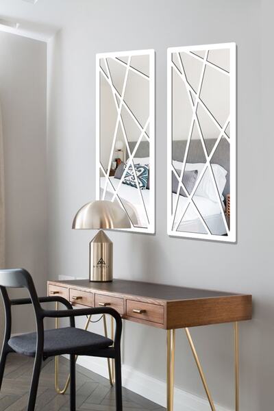 AHWALL Mdf Üzeri Aynalı Pleksi Poligonal Tablo Beyaz Renk Ikili Set