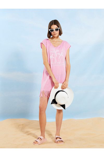 LC Waikiki Strandkleid für Damen – Rundhalsausschnitt, bedruckt, kurze Ärmel