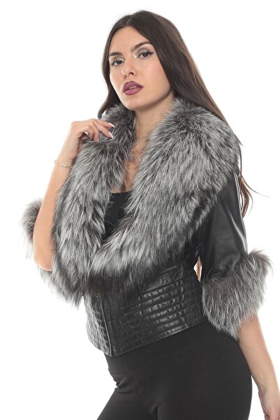 fatih yek deri & kürk Kadın Kısa Siyah Arjantin Yakalı Kısa Deri Mont Bdc128