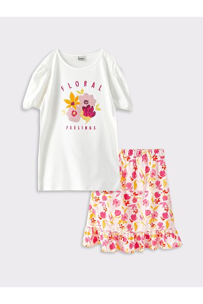 LC Waikiki Bedrucktes kurzärmliges T-Shirt und Rock für Mädchen mit Rundhalsausschnitt