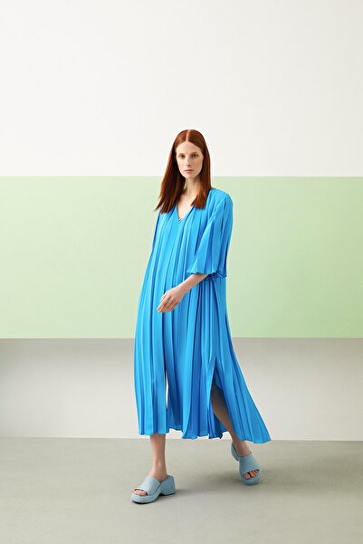 Jus De Pommes Turkuaz Piliseli Yarım Kollu Geniş Kesim Elbise