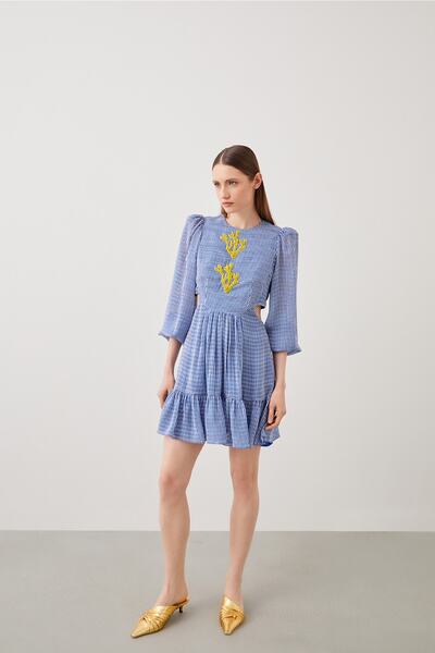 Jus De Pommes Mavi Çizgili Pencere Detaylı Nakışlı Mini Elbise