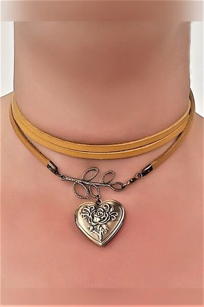 LADYMİRAGE Gerçek Deri Kalpli Choker Kolye