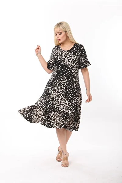 mezura tekstil Plus Size Knee Length Sleeves and Skirt Ruffle Detailed Stylish Pocketed Viscose Combed Cotton Dress