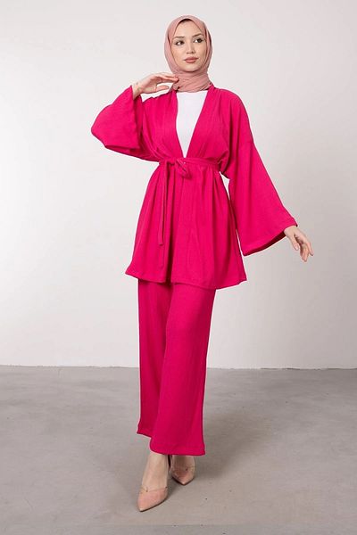 Swana Kimono Comfortable Cut Knitted Seersucker Hijab Suit Pink