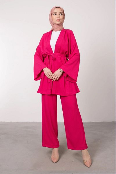 Swana Kimono Comfortable Cut Knitted Seersucker Hijab Suit Pink