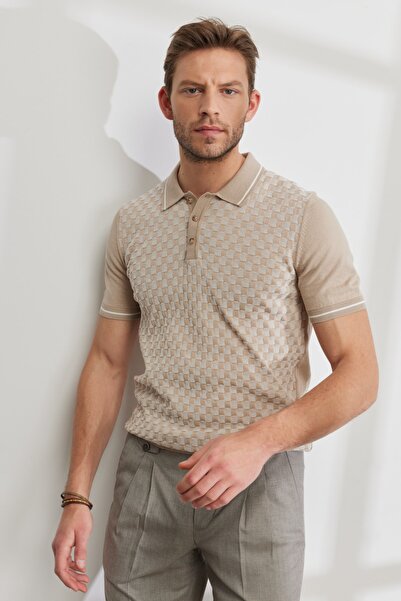 ALTINYILDIZ CLASSICS Men's Mink-ecru Standard Fit Normal Cut Polo Neck 100% Cotton Short Sleeve Patterned Knitwear T-Shirt