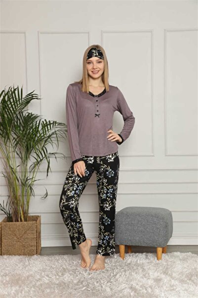 Pijamoni Kadın  Uzun Kol 4 Düğmeli Dantel Yaka Mor Pijama Takımı