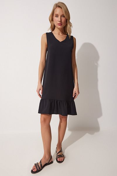 Happiness İstanbul Women's Black V-neck Flounce Summer Woven Dress CR00409