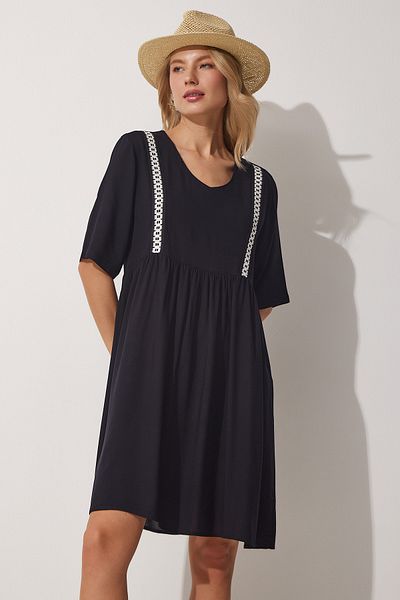 Happiness İstanbul Women's Black V-neck Embroidered Flared Viscose Summer Dress DD01207