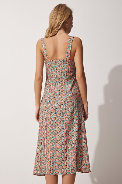 Happiness İstanbul Női téglakék szögletes galléros virágos nyári viszkóz ruha DD01208