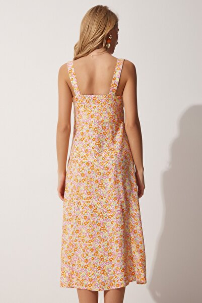 Happiness İstanbul Női sárga narancssárga, négyzet alakú galléros virágos nyári viszkóz ruha DD01208