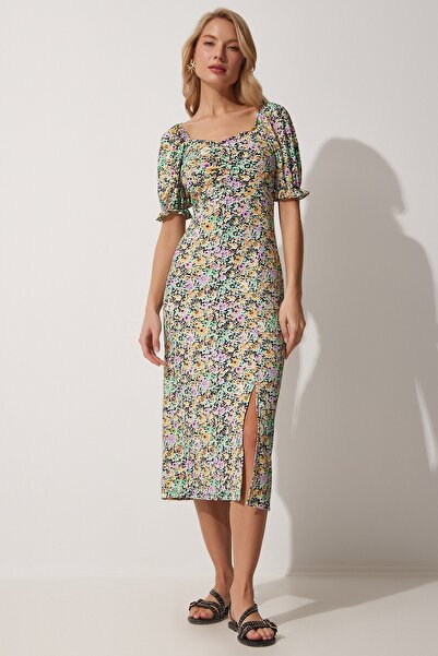 Happiness İstanbul Sárga fekete Carmen galléros női ruha - MC00172