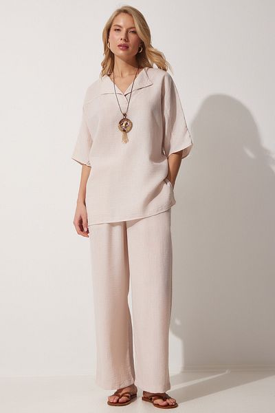 Happiness İstanbul Cremefarbenes Ayrobin-Tunika-Hosen-Set für Damen mit Halskette ZH00019