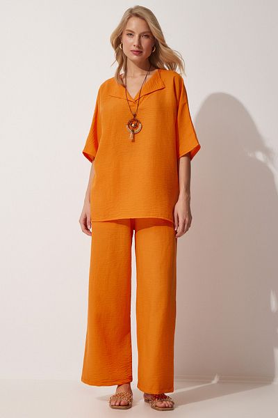 Happiness İstanbul Damen Orange Halskette Ayrobin Tunika Hose Set ZH00019