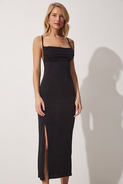 Happiness İstanbul Rochie midi neagră pentru femei cu decolteu deschis Saran UB00074