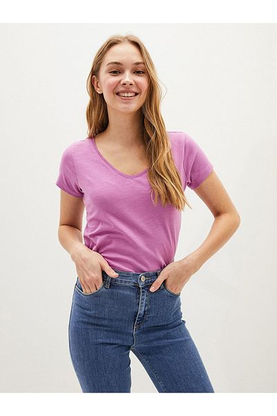 LC Waikiki Tricou de damă violet deschis, cu decolteu în V, cu mâneci scurte, de bază, din stilul tău de modă