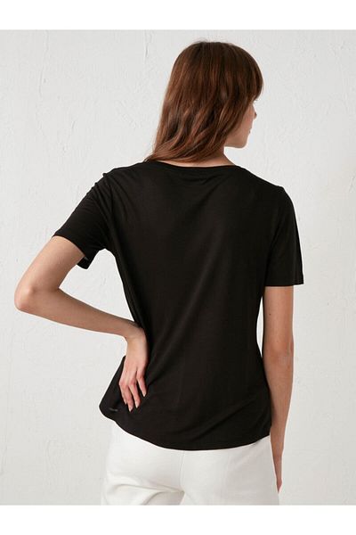 LC Waikiki Tricou negru de damă, cu decolteu în V, cu mâneci scurte, de bază, din stilul tău de modă