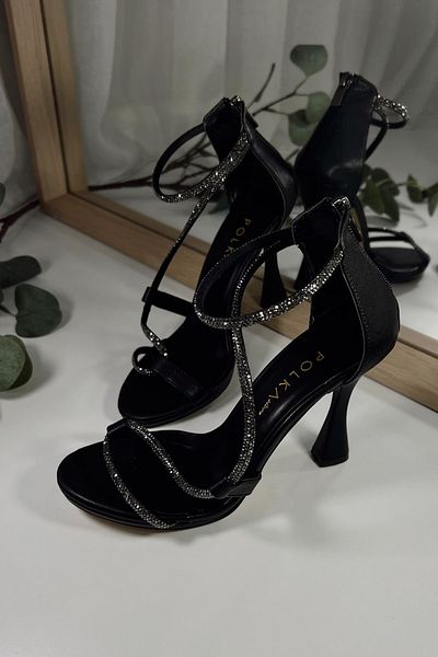 POLKA STORE Women's Rosita Spiral Stone Detailed Thin Heels Comfortable Stylish Black Evening Dress Shoes