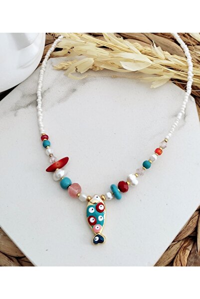 HALHALMILL Kadın Nazar Boncuklu Balık Sallantılı Kolye