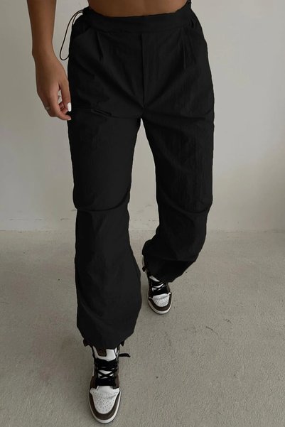 NFTY Black Tactical Adjustable Waist Parachute Fabric Pants