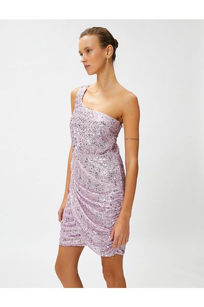 Koton Sequined Mini Evening Dress Draped One Shoulder