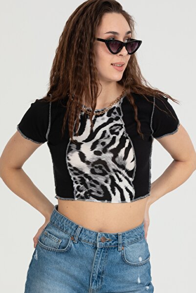 ALFUDO Moda Collection Bluză neagră imprimeu leopard material elastic din vis...