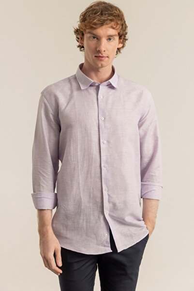 alenmeza Erkek Lila %100 Keten Modern Fit Cepsiz Gömlek