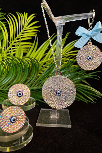 TASARIM ARABAM ATİKE ELİF AKIN مجموعة عين الشر الملونة المذهبة - قطعتين من عطر مكيف الهواء وزخرفة الرؤية الخلفية وسلسلة مفاتيح بشريط أزرق فاتح