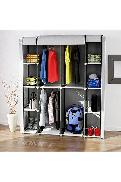 PORMET Geniş Hacimli 4 Askılıklı, Plastik Profilli Çok Raflı Bez Dolap, Kumaş Gardırop - Gri