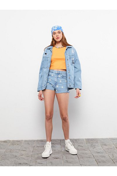 LC Waikiki Pantaloni scurti din Jean Rodeo pentru femei, cu talie înaltă, brodați Mom Fit