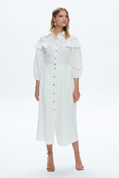 adL Fırfırlı Uzun Kolları Brodeli Keten Elbise