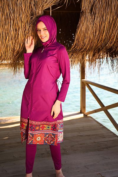 Marina Parachute 3-Piece Plum Detailed Zippered Full Covered Hijab Swimsuit 1982