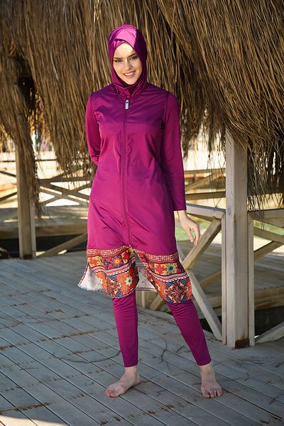 Marina Parachute 3-Piece Plum Detailed Zippered Full Covered Hijab Swimsuit 1982