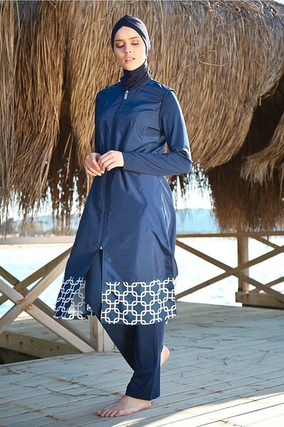 Marina 3-Pack Parachute Navy Blue Hemline Geometric Patterned Fully Covered Hijab Swimsuit 1997