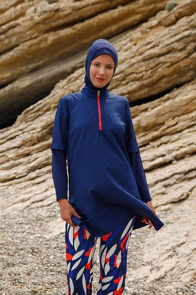 Marina Parachute 4-Piece Navy Blue Patterned Fully Covered Hijab Swimsuit Navy Blue M2262
